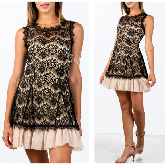Black Cream Eyelash Lace Tulle Cocktail Cute Dress - Picture 3 of 8